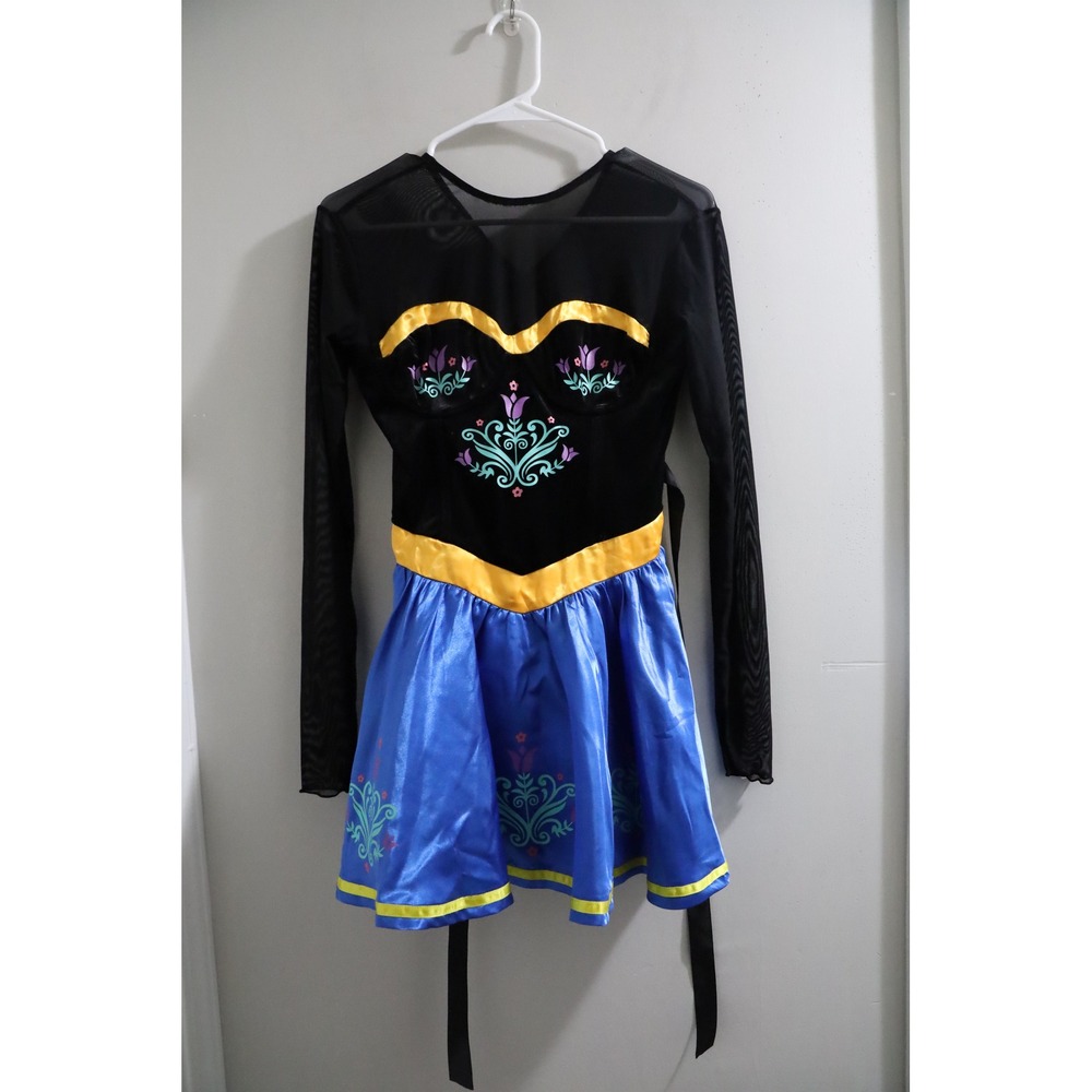 Anna‎ Frozen Inspired Cosplay Dress Black Blue Floral Embroidery Mesh Sleeve L